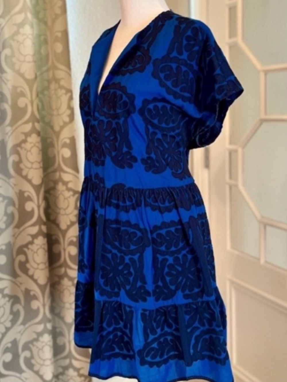 Zara Cobalt Royal Blue/Black Boho Aztec Embroidered Floral Mini Dress - Size L - Picture 3 of 6